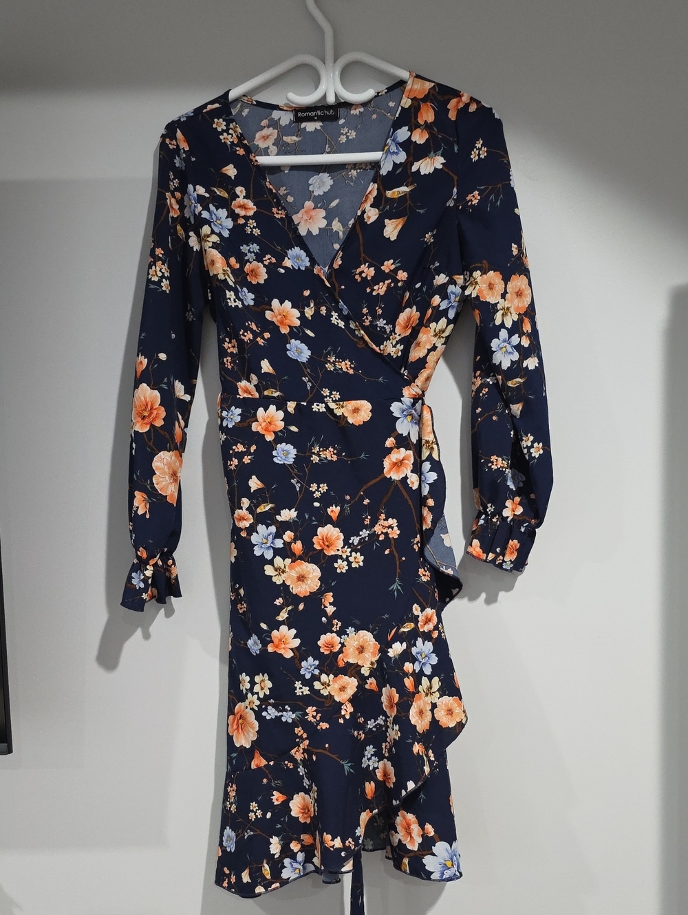 Navy Floral Wrap Dress with Ruffle Hem